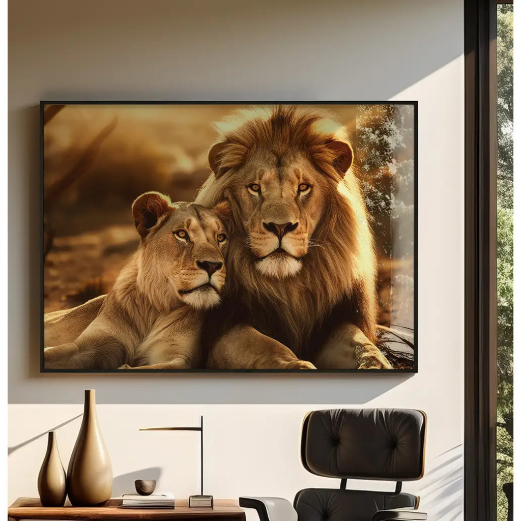 Quadro Decorativo 120x80cm Paisagem Casal Leão E Leoa Pôr do Sol Luxo Sala Quarto Casa Decoração De Parede Mdf Adesivo