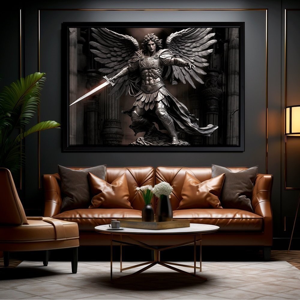 Quadro Decorativo São Miguel Arcanjo Guerreiro Escultura Sala Quarto Hall Casa Decoração De Parede Mdf Adesivo