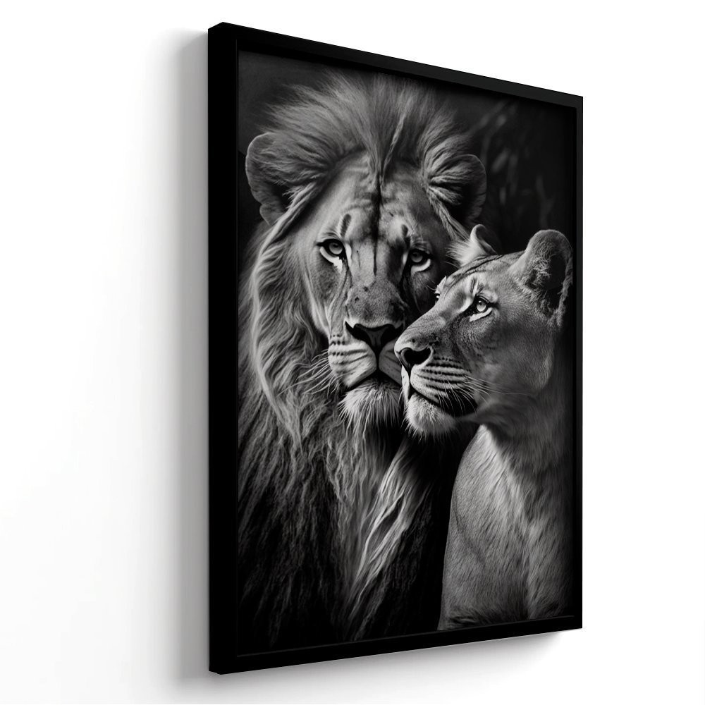 Quadro Decorativo 120x80cm Casal Família de Leão Leoa Preto e Branco Quarto Hall Casa Decoração De Parede Mdf Adesivo