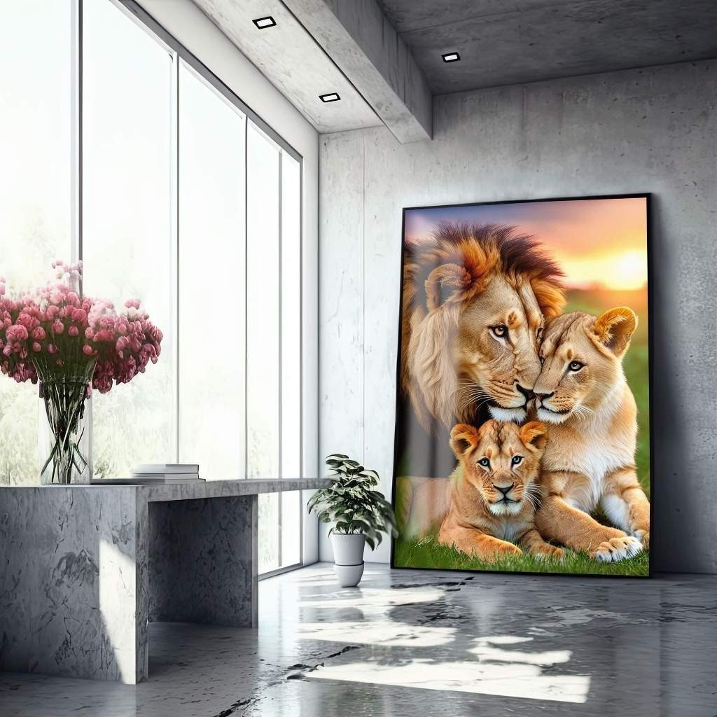 Quadro Decorativo Família de Leões e 1 filhote Gramado Hall Casa Sala Quarto Decoração De Parede Mdf Adesivo Grande