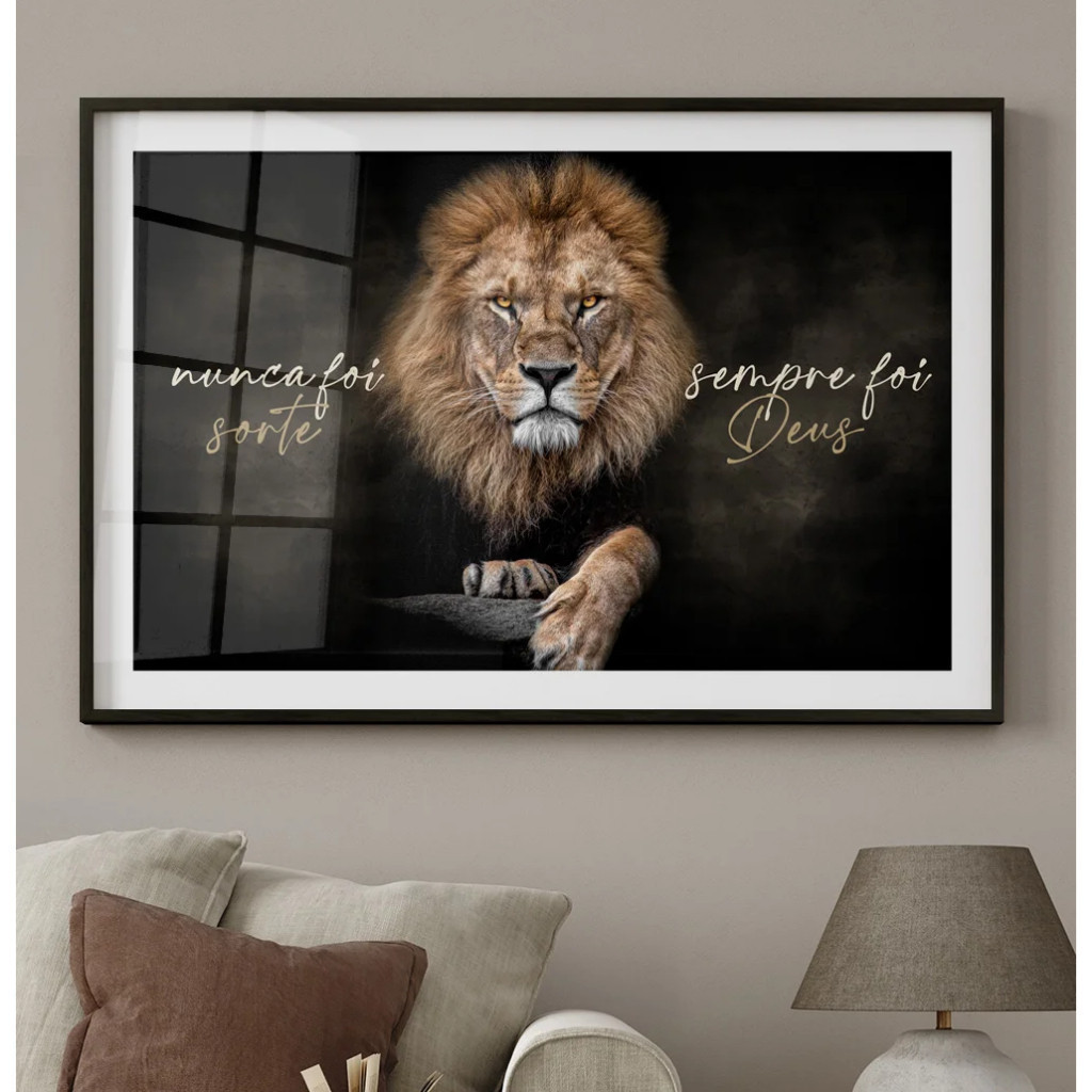 Quadro Decorativo Grande 110x80cm  Leão Judá Nunca Foi Sorte Sempre Foi Deus Borda Luxo Sala Quarto Casa Decoração De Parede Mdf Adesivo