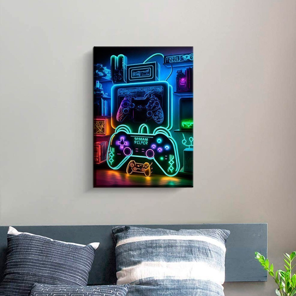 Quadro Decorativo 110x80cm Grande Luxo HD Gamer Controle Neon Objetos para   Painel  Luxo Casa Decoração De Parede Mdf Adesivo Sala Quarto Hall