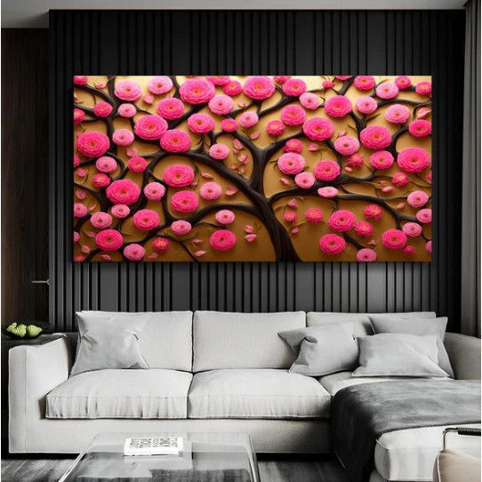 Quadro Decorativo 110x80cm Grande Luxo HD Árvore 3D Marrom Flores Rosa Pink Luxo Casa Decoração De Parede Mdf Adesivo Sala Quarto Escritório
