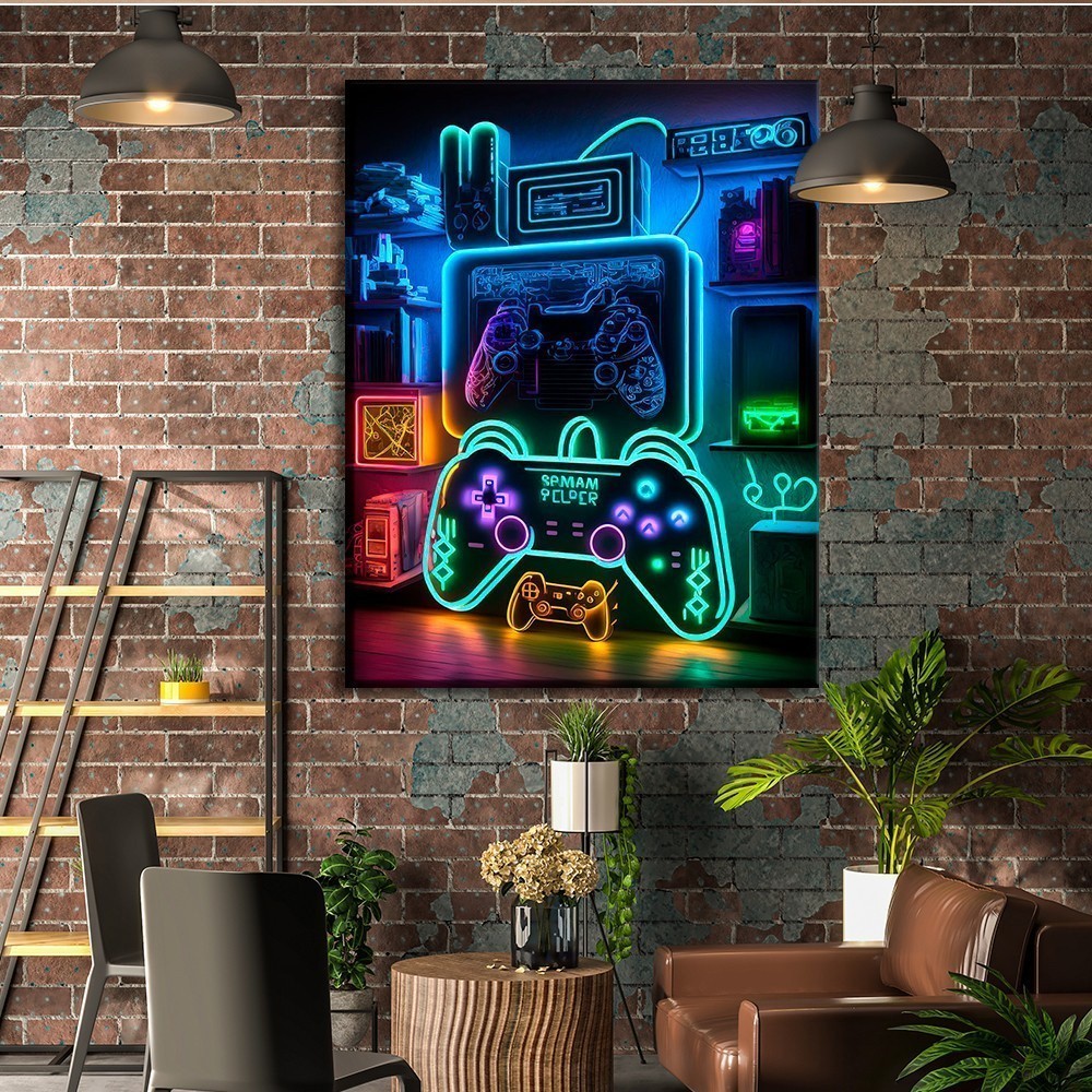 Quadro Decorativo 110x80cm Grande Luxo HD Gamer Controle Neon Objetos  Luxo Casa Decoração De Parede Mdf Adesivo Sala Quarto