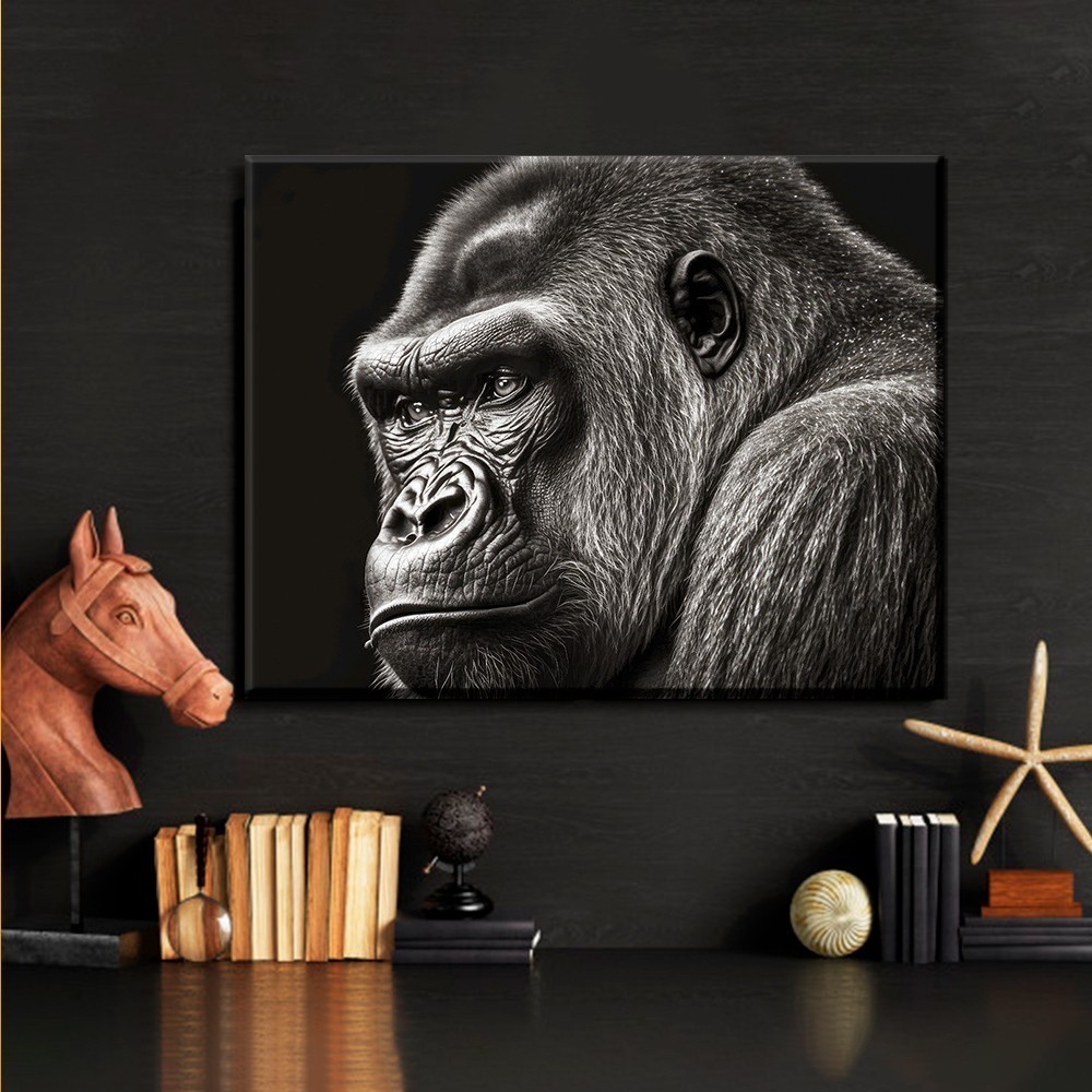 Quadro Decorativo 110x80cm Grande Luxo HD Horizontal gorila desenho realista preto e branco   hall Borda Infinita Luxo Casa Decoração De Parede Mdf Adesivo Sala Quarto Hall