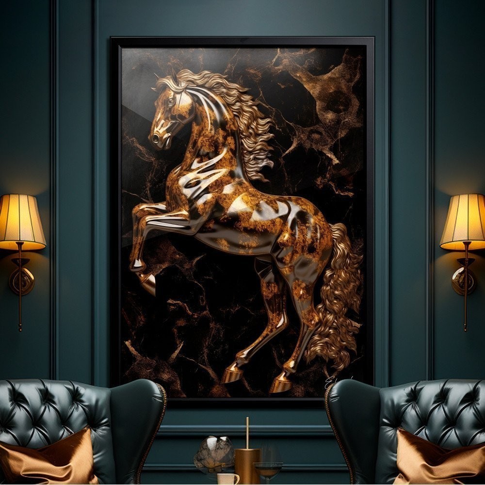 Quadro Decorativo 110x80cm Grande Luxo HD  Cavalo Escultura Mámore Marrom e Preto Rústico Luxo Sala Quarto Hall Casa Decoração De Parede Mdf Adesivo