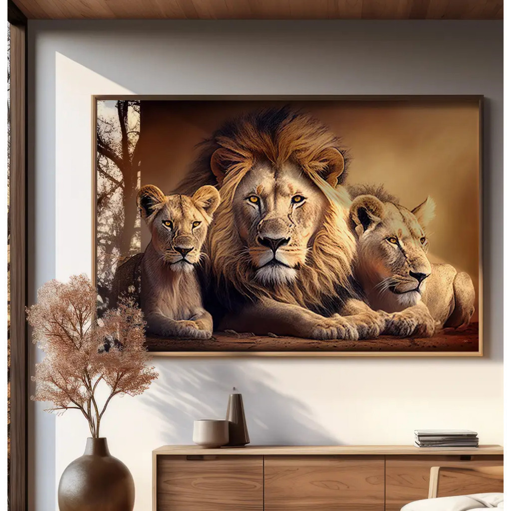 Quadro Decorativo 110x80cm Grande Luxo HD Paisagem Familia Leões Com Filhote Pintura Luxo Sala Quarto Casa Decoração De Parede Mdf Adesivo