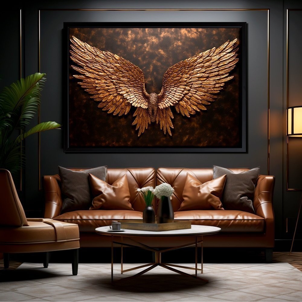 Quadro Decorativo 110x80cm Grande Luxo HD  Asas de Bronze Mármore Marrom Luxo Sala Quarto Hall Casa Decoração De Parede Mdf Adesivo