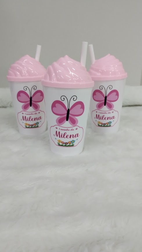 Copo 300ml Twister Personalizado Aniversário kit 10 com Tampa Chantilly