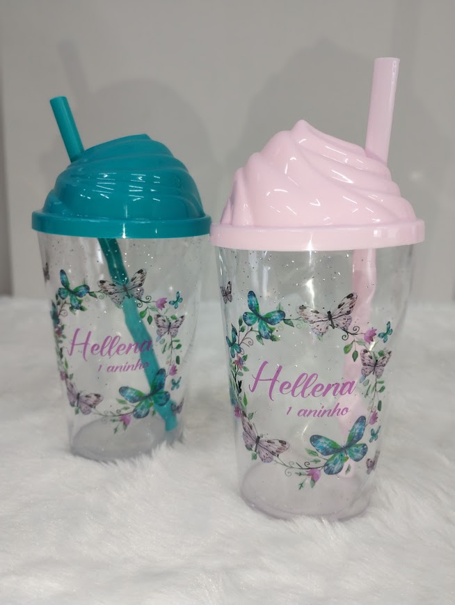 Copo 300ml Personalizado Aniversário kit 20 com Tampa Chantilly