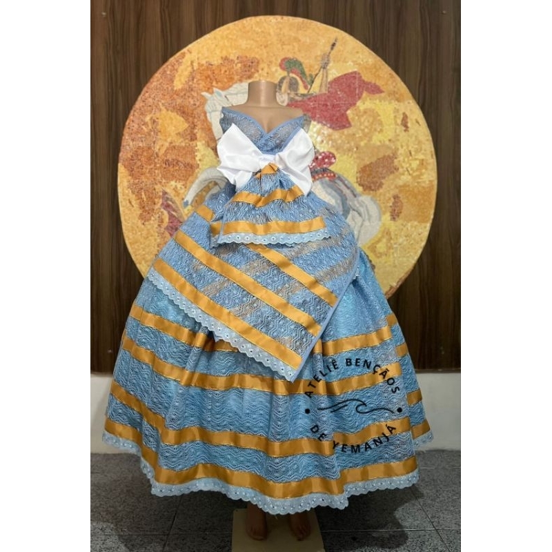 Conjunto de Luxo (saia, pano de cabeça e pano da costa) - Azul e Amarelo - Oxum / Logunedé