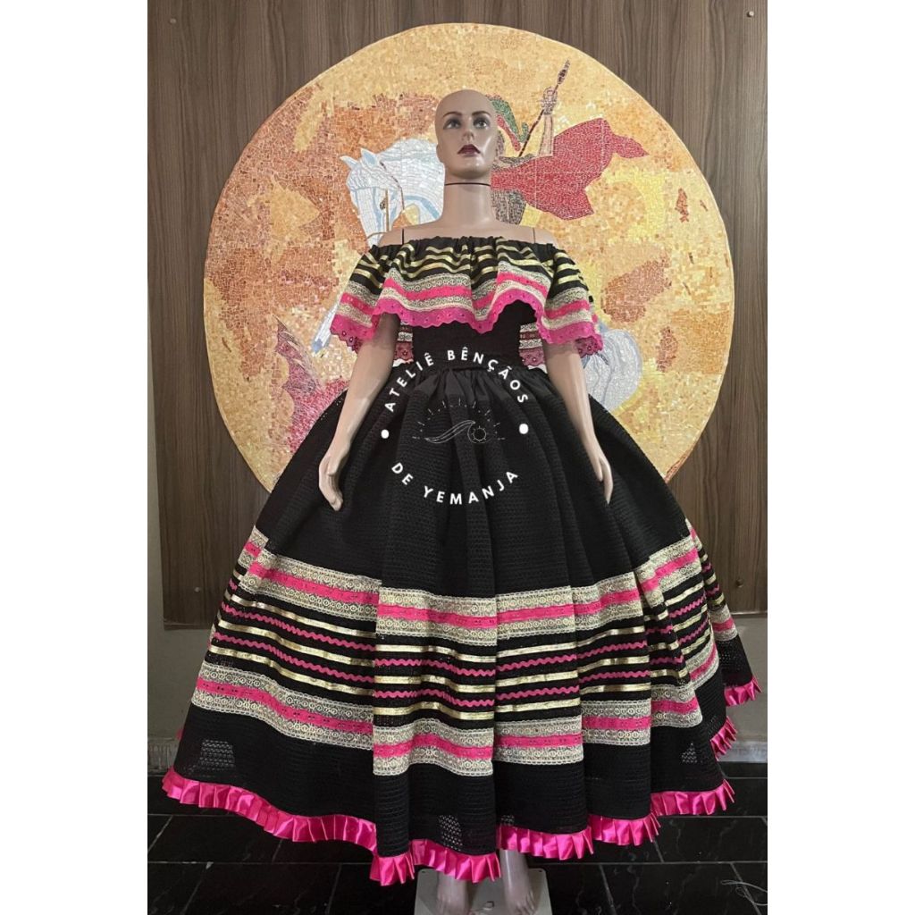 de Conj. luxo Pombagira - Preto, Rosa /Branco e Vermelho (conjunto de saia e blusa cigana) - Pombagira Menina/ Cigana