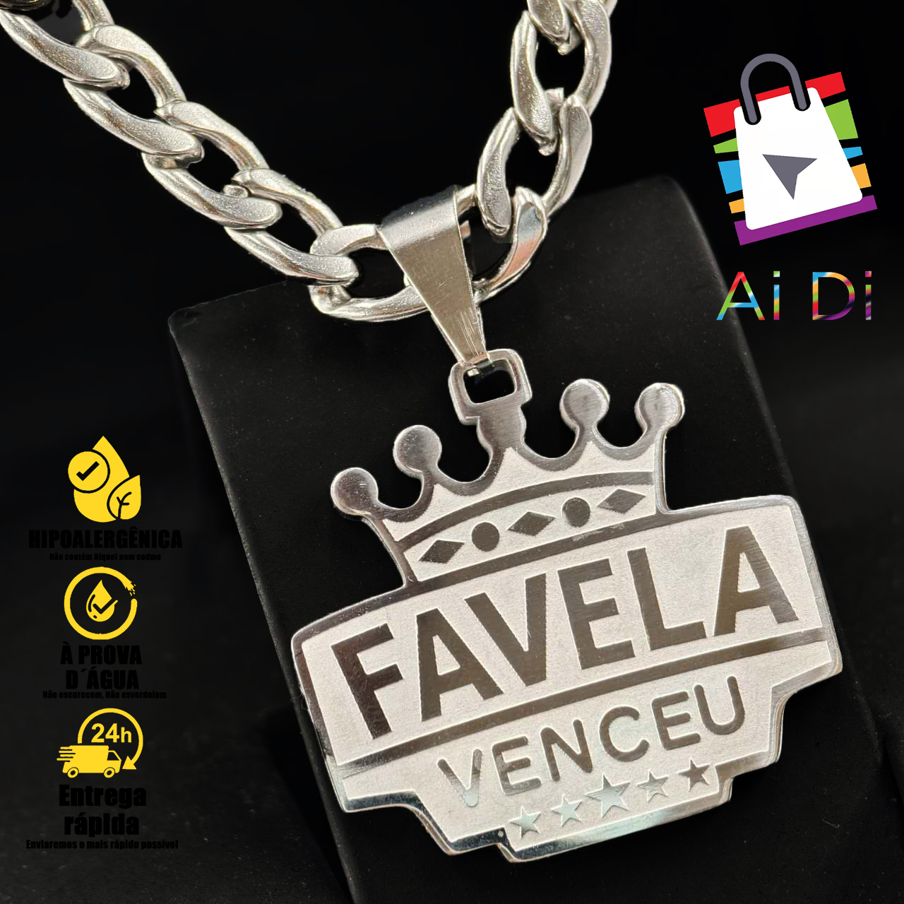 Colar de Corrente Prateada Masculina com Pingente de Moeda Antiga Poze Favela Venceu - Aço Inoxidável, Não Escurece