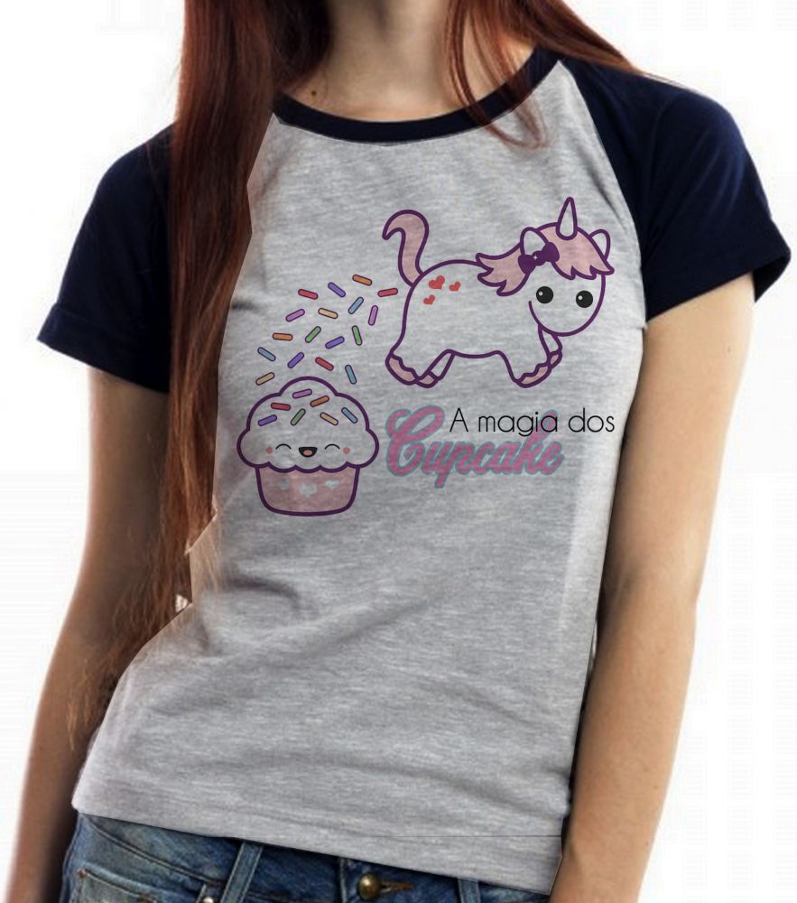 Baby Look Blusa Feminina ou Camiseta Unissex Magia Cupcake Unicórnio