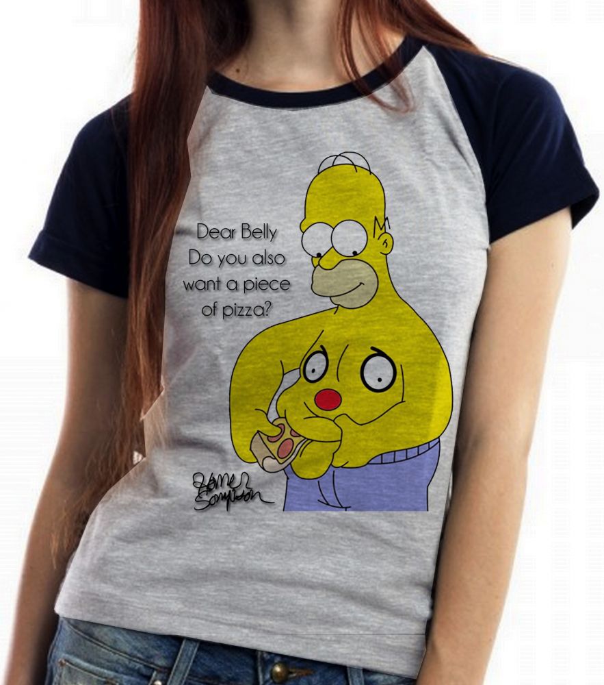 Baby look blusa feminina ou Camiseta unissex Homer Simpsons pizza barriga