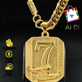 Cordão de Moeda Antiga com Pingente de Cassino Número 7 - Colar Masculino Banhado a Ouro 18K