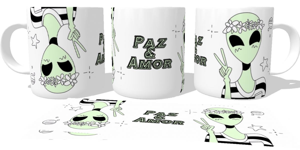 Caneca plástico copo polimero Alien Paz e Amor