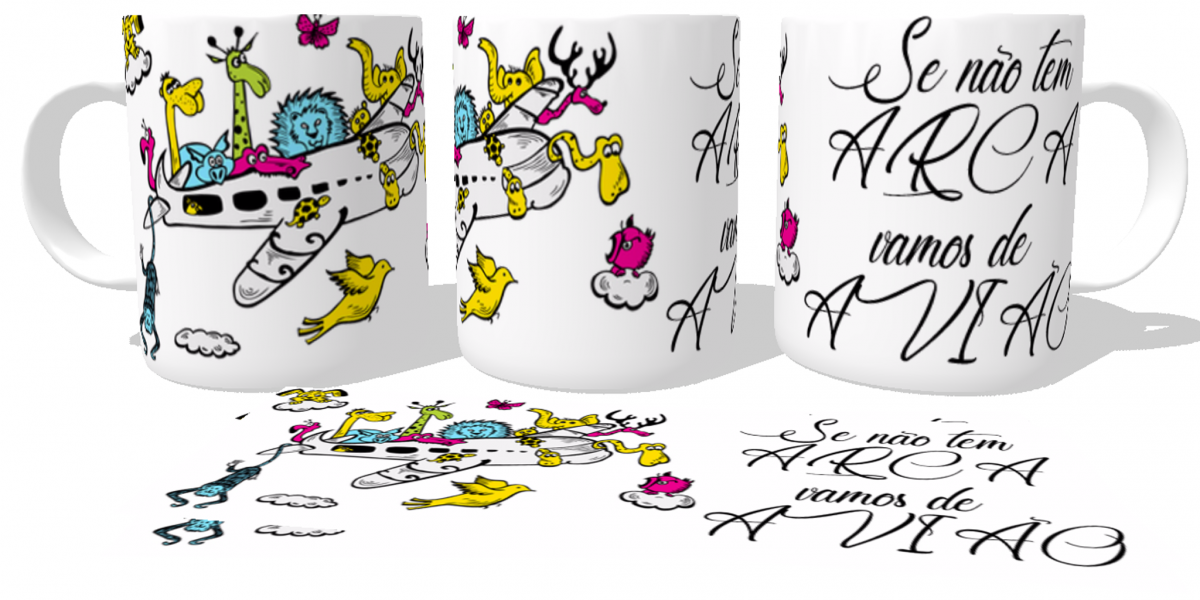 Caneca plástico copo polimero Arca avião animais