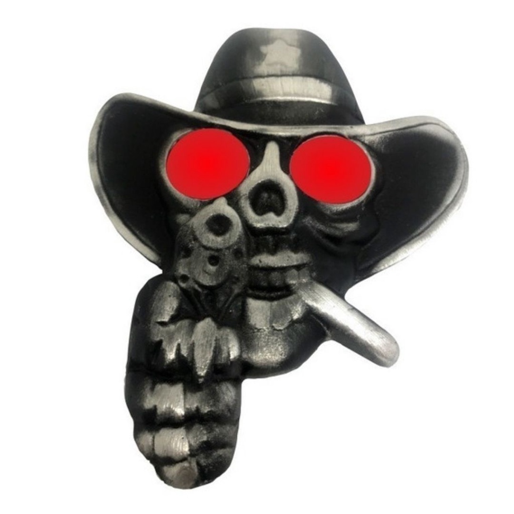 Caveira Esqueleto Cowboy Para Caminhão Moto Led Bivolt Com Revolver Acende Olho Lanterna