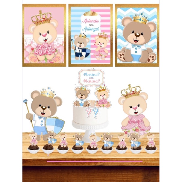 kit festa chá revelação ursa princesa e urso rei