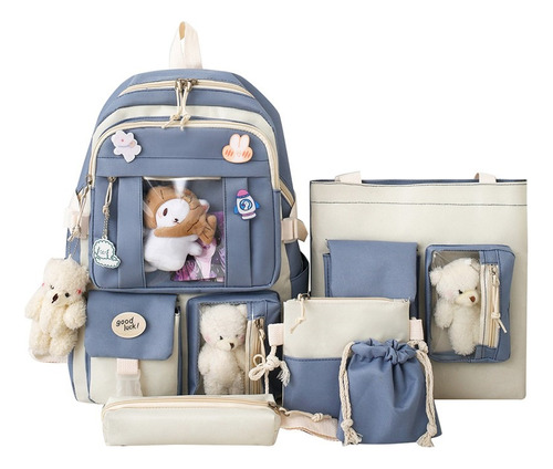 conjunto 5pcs mochila bolsa estojo kawaii bookbag jovem azul