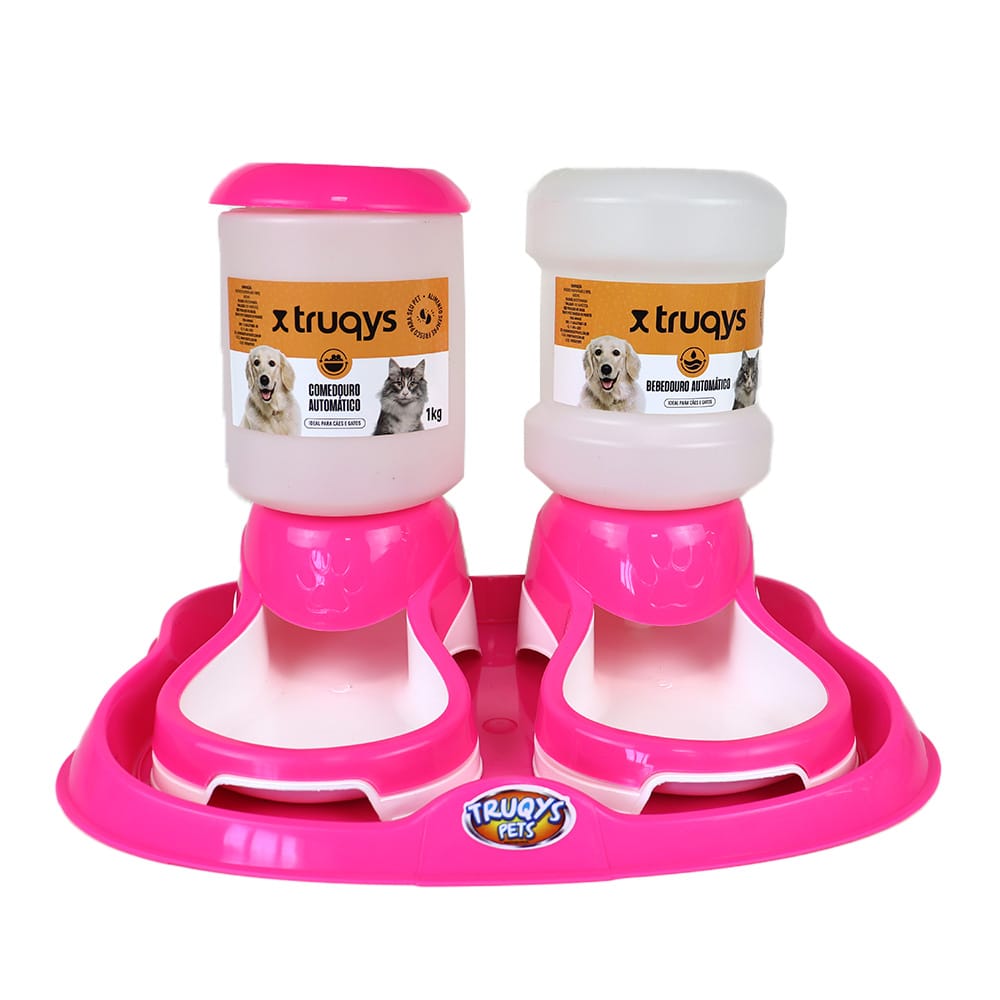 Kit Truqys Pets Automático Bandeja  Comedouro  Bebedouro - Rosa