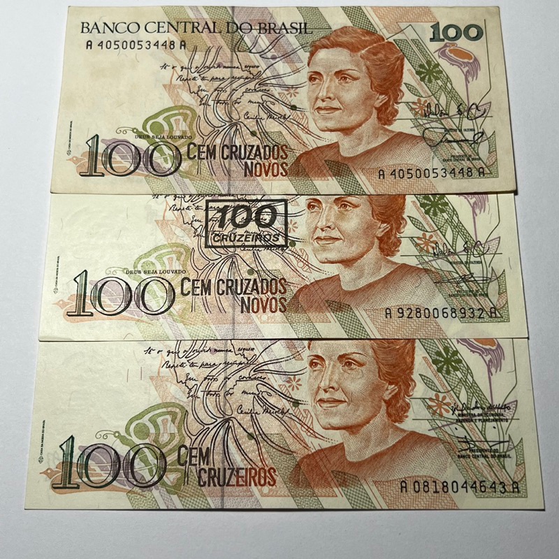 Lote 3 Cédulas de Cecília Meirelles 100 Cruzados Novos Com e Sem Carimbo de 100 Cruzeiros
