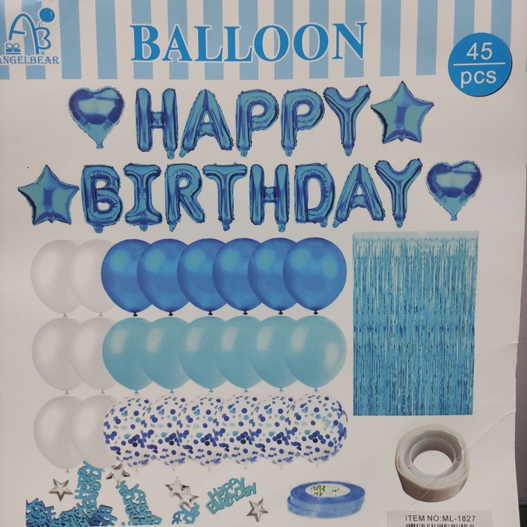 Kit Bexiga Balão cortina Metalizado Happy Birthday Festa Decoração Aniversario 45pçs Azul