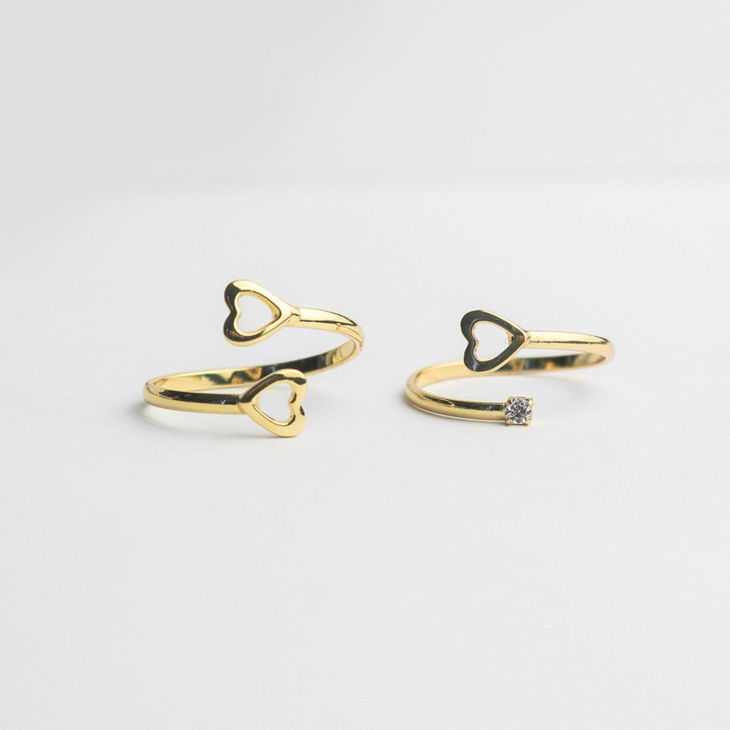 Kit com Dois Anéis Falange Coração e Zircônia e Dois Corações Banhado a Ouro em Oferta na Shopee