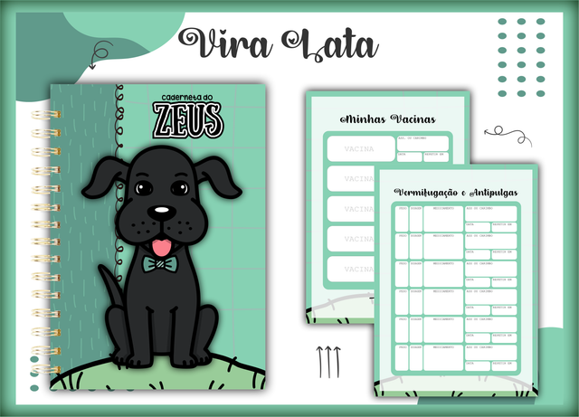 Caderneta Pet Personalizada com Nome – Tema Vira lata preto