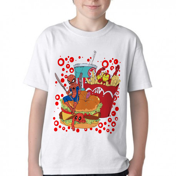 camiseta blusa Infantil ou adulto fast food com super heróis  Blusa Criança todos tamanhos