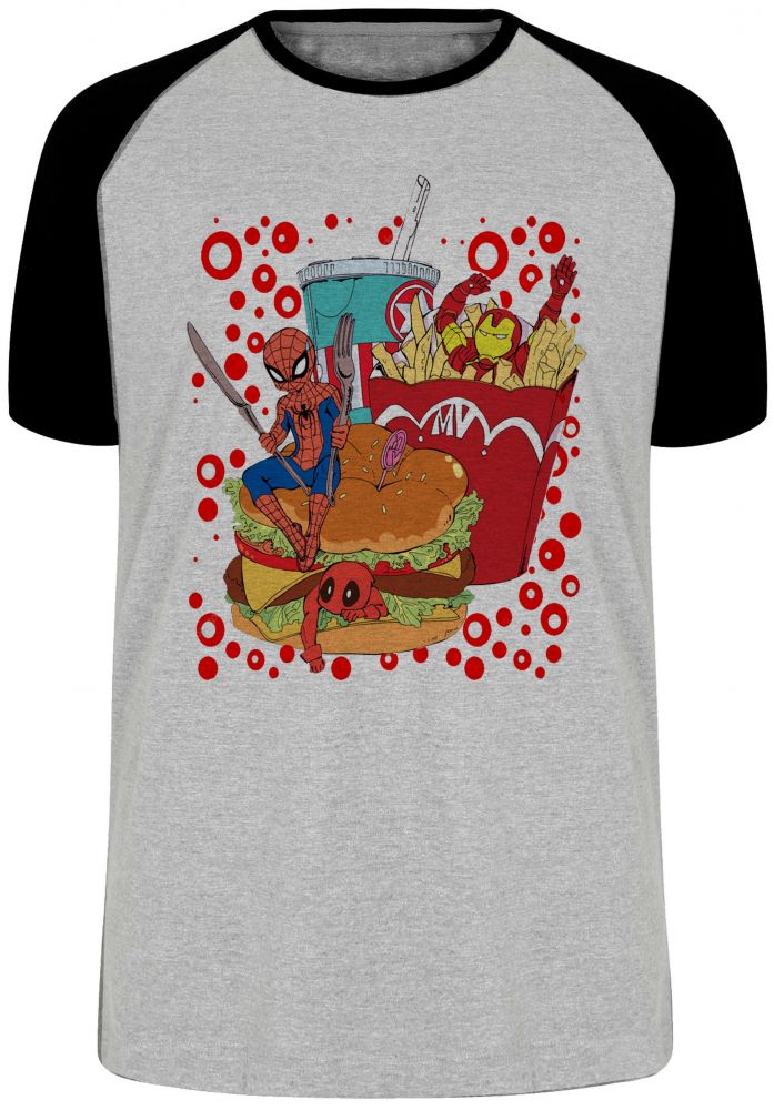 camiseta blusa fast food com super heróis  Blusa Plus Size extra grande adulto ou infantil