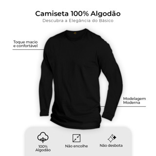 Camiseta Manga Longa 100% Algodão Masculina Slim Premium Com Punho Gola Redonda Trabalho Frio Manga Comprida em Oferta na Shopee