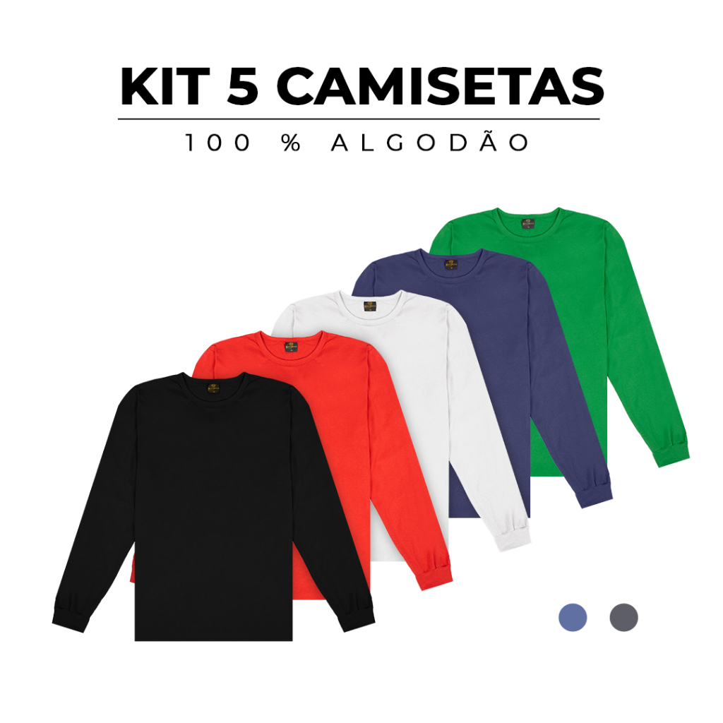 Kit 5 Camisetas Manga Longa 100% Algodão Masculina Slim Gola Redonda Lisa Inverno Manga Comprida Academia Trabalho