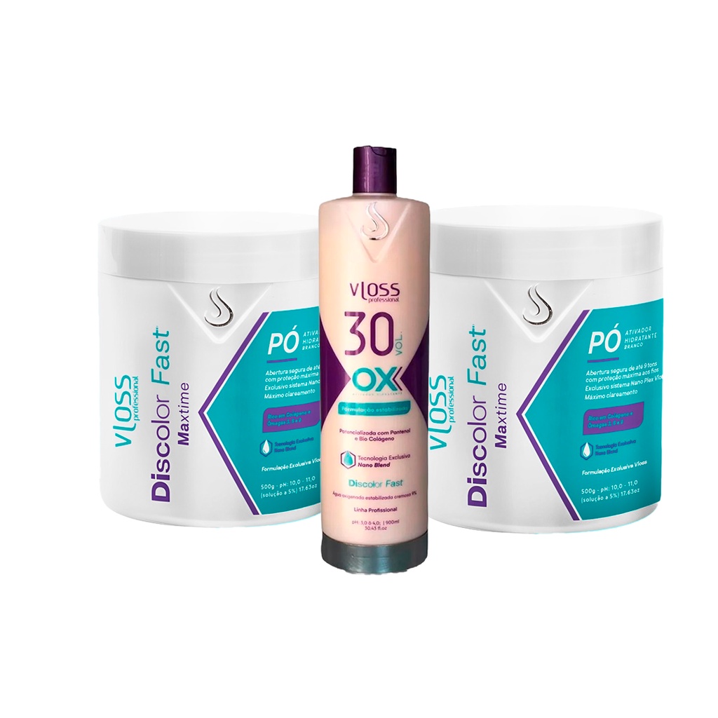 Kit Vloss 2x Pó Descolorante Fast Nano Branco 500g + Ox 30 volumes Vloss 900ml