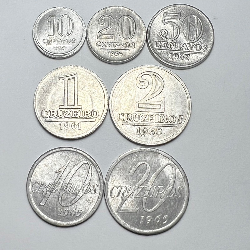 Lote 7 Moedas de Alumínio Datas Variadas de 1956 a 1965 Centavos e Cruzeiros