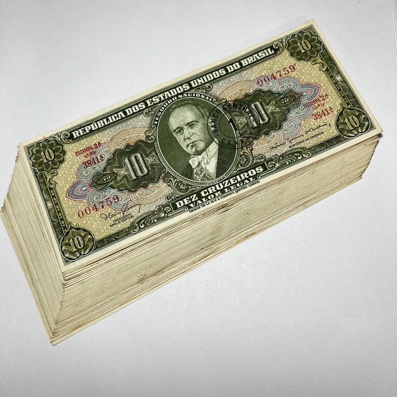 C113 ou C114 Cedula do Brasil 10 Cruzeiros com Carimbo de 1 Centavo Getúlio Vargas 2ª estampa