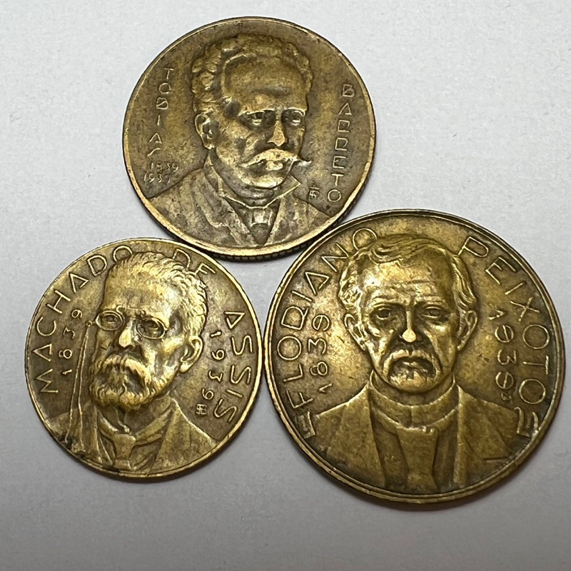Lote 3 Moedas 500 1000 e 2000 Reis 1939 Ilustres Machado de Assis Tobias Barreto e Floriano Peixoto