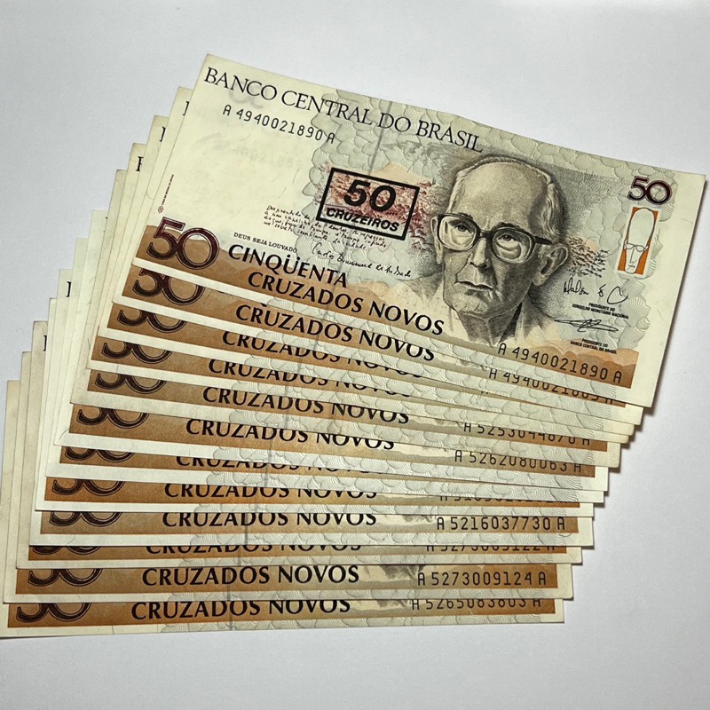 C210 Cedula do Brasil 50 Cruzados Novos Com Carimbo 50 Cruzeiros Carlos Drummond de Andrade C 210