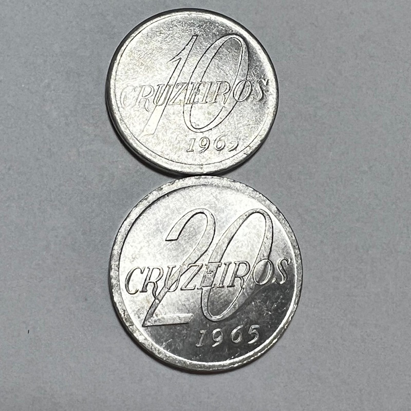 Lote 2 Moedas 10 e 20 Cruzeiros 1965 Alumínio Mapa do Brasil