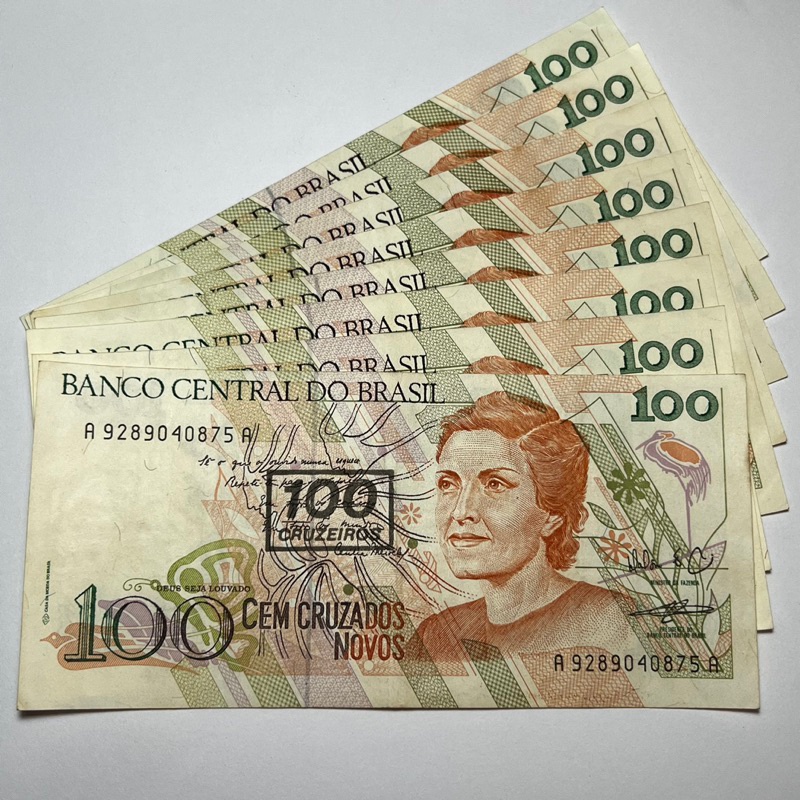 C 211 Cedula do Brasil 100 Cruzados Novos com Carimbo 100 Cruzeiros Cecília Meireles C211