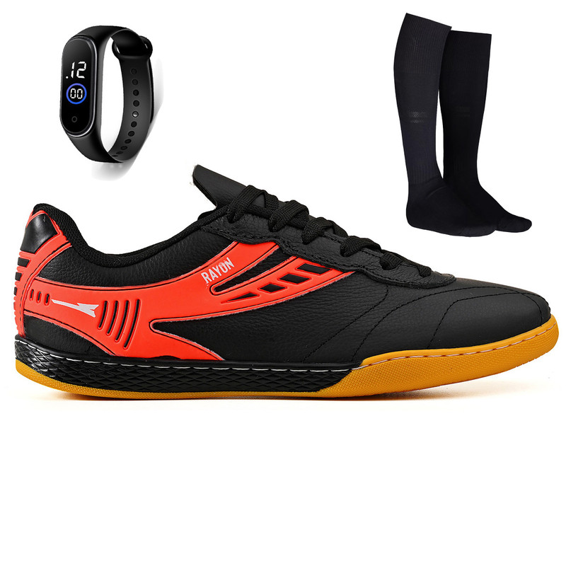 Kit Chuteira Futsal Couro Futebol Salao Quadra + Meião + Relogio Adulto