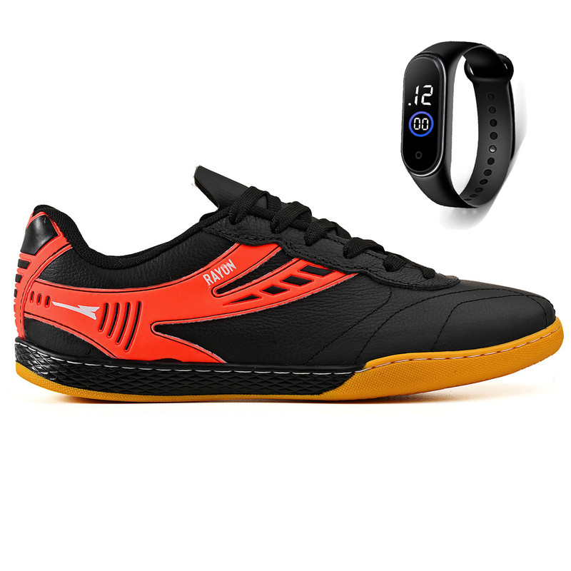 Kit Chuteira Futsal Couro Futebol Quadra Salao + Relogio Adulto