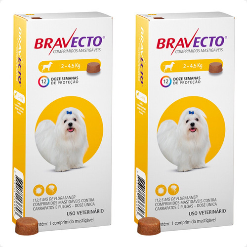 Kit 2 Antipulgas e Carrapatos MSD Bravecto para Cães de 2 a 4,5 Kg - 112,5 mg em Oferta na Shopee