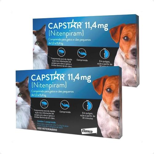Kit 2 Antipulgas Elanco Capstar 11,4 mg para Cães e Gatos até 11,4 Kg - 1 Comprimido em Oferta na Shopee