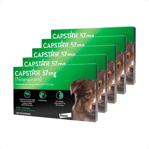 Kit 5 Antipulgas Elanco Capstar 57 mg para Cães acima de 11,4 Kg até 57 Kg - 1 Comprimido