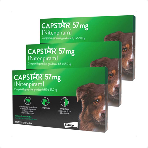 Kit 3 Antipulgas Elanco Capstar 57 mg para Cães acima de 11,4 Kg até 57 Kg - 6 Comprimidos