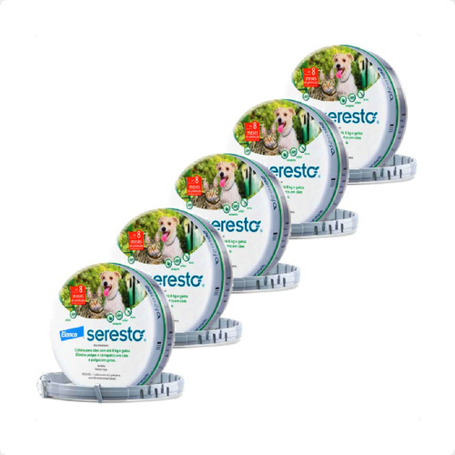 Kit 5 Coleira Antipulgas e Carrapatos Elanco Seresto - Cães e Gatos até 8 Kg em Oferta na Shopee