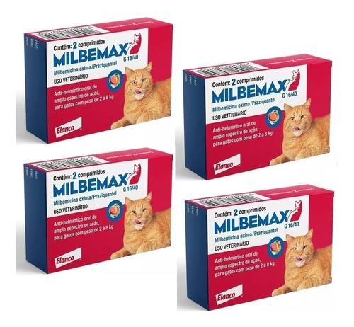 Kit 4 Milbemax FC para Gatos de 2 Kg a 8 Kg Elanco Vermifugo - 2 Comprimidos em Oferta na Shopee
