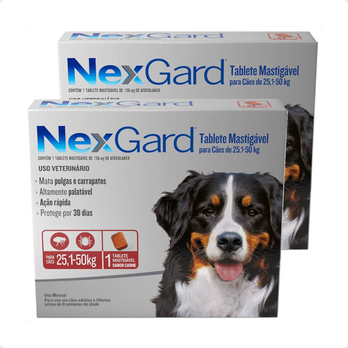 Kit 2 Antipulgas e Carrapatos NexGard 136 mg para Cães de 25,1 a 50 Kg - 1 Tablete em Oferta na Shopee